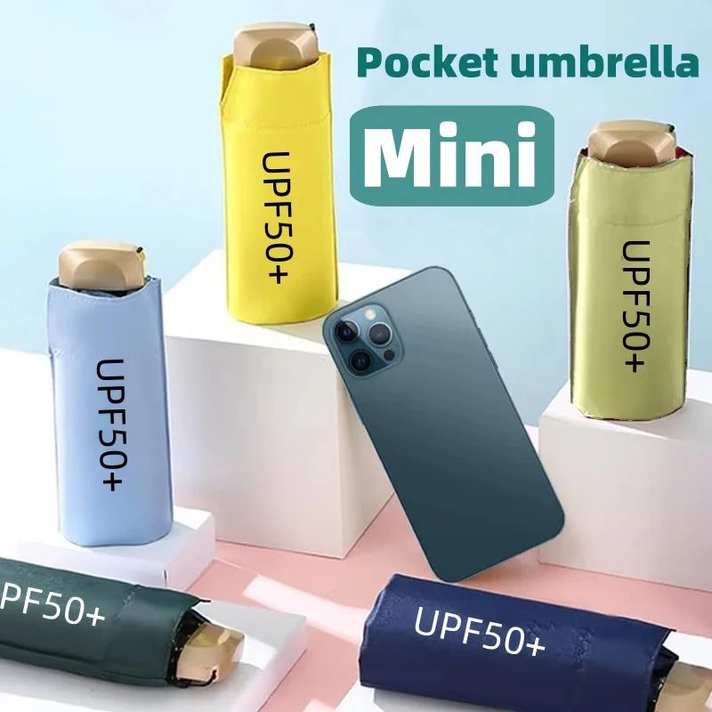 Compact Solid Color UV Protection Mini Umbrella – Folding Pocket Parasol for Sun & Rain