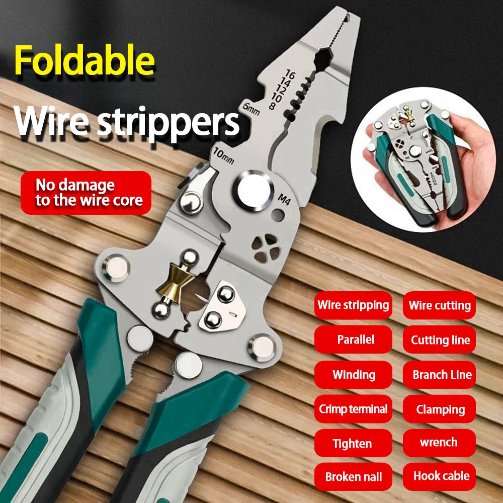 🔧 Foldable Wire Stripper & Crimping Pliers – Multi-Function Electrician Tool with Pulley Design for Wire Cutting, Splitting & Winding