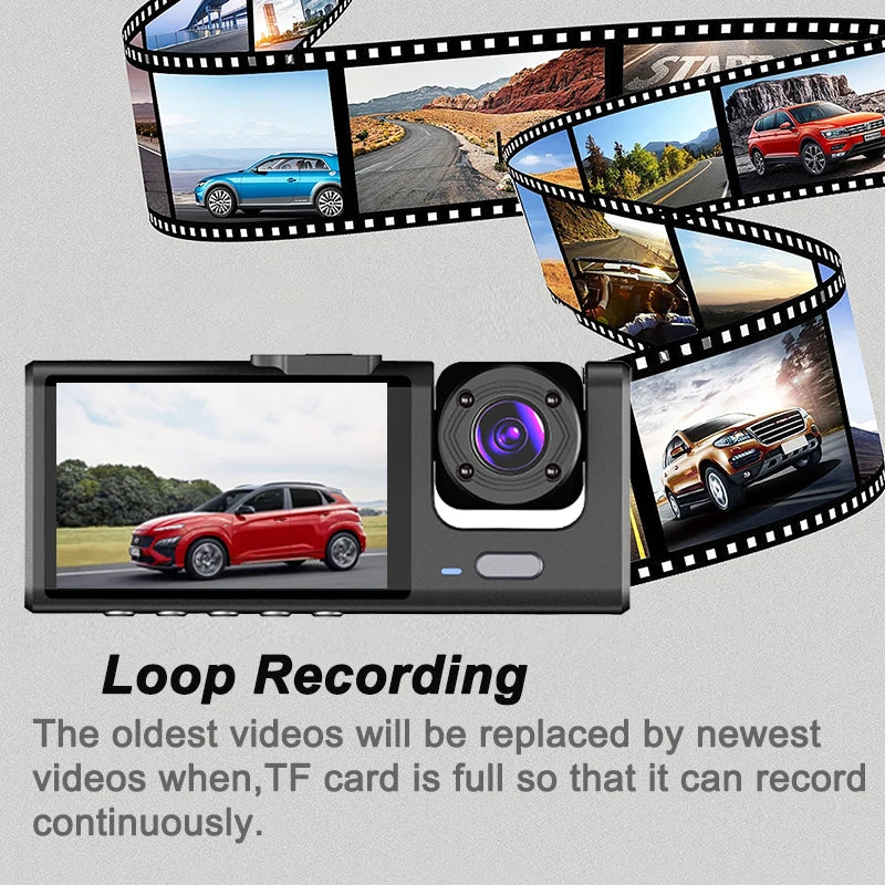 🚗📹 safety - 1080P Triple‑Lens Dash Cam – Front, Rear & Interior Cameras with IR Night Vision