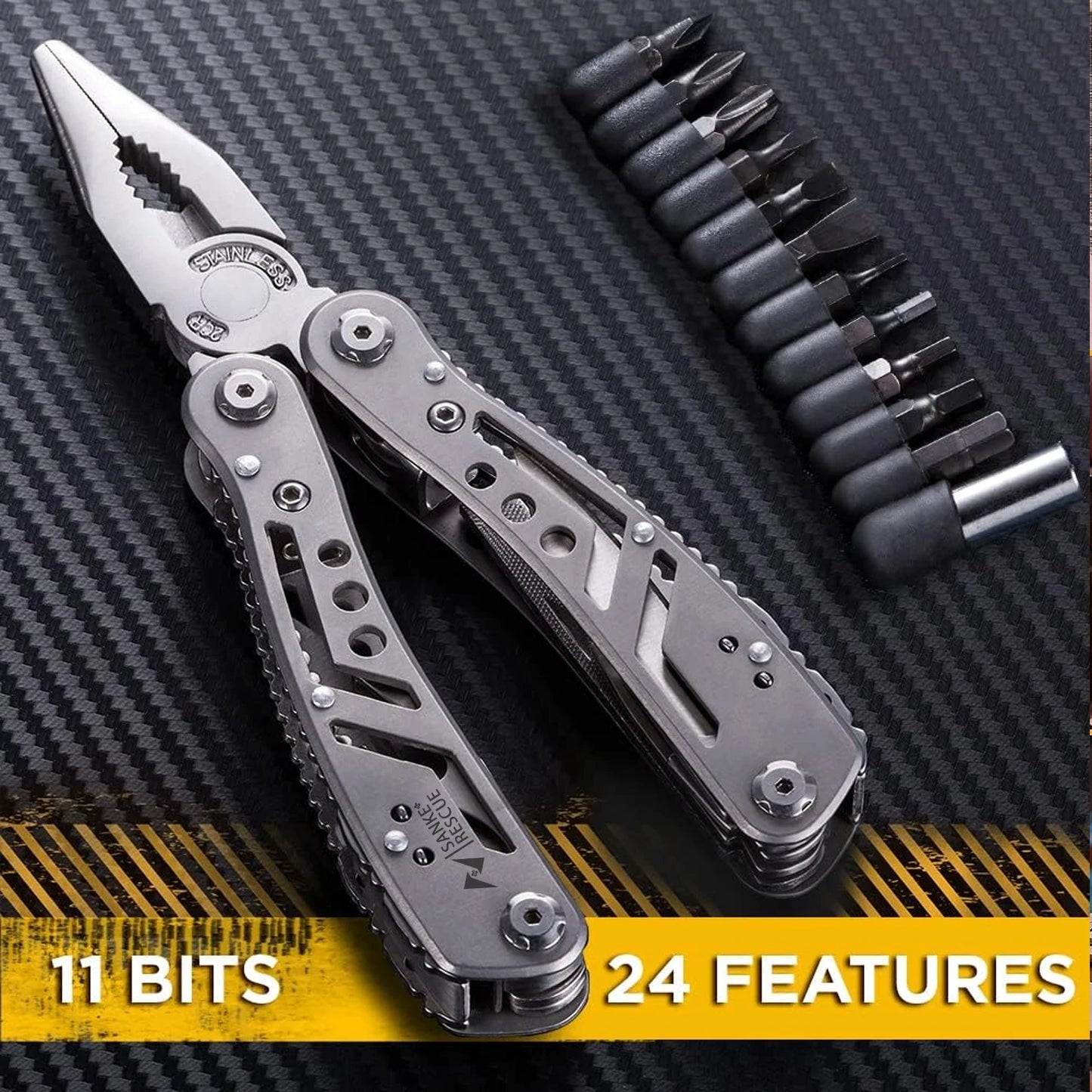 Survival Kit - 24-in-1 Stainless Steel Multitool by QHTITEC – Folding Pliers, Knife, Screwdrivers, Bits, and Sheath – Compact Survival Tool for Camping, DIY, Emergency & Outdoor Use