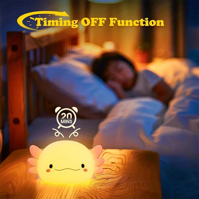 🐟✨ Cute Axolotl Night Light – Soft Silicone Nursery Lamp | Touch Control | USB Rechargeable | Baby & Kids Sleep Light