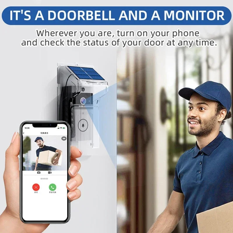 📶 Safety - WiFi Visual Wireless Doorbell Camera ☀️ Solar Charging | 💧 Waterproof | 🌙 Night Vision | 🏠 Smart Home HD Doorbell 🎤 Two-Way Intercom with Voice Communication