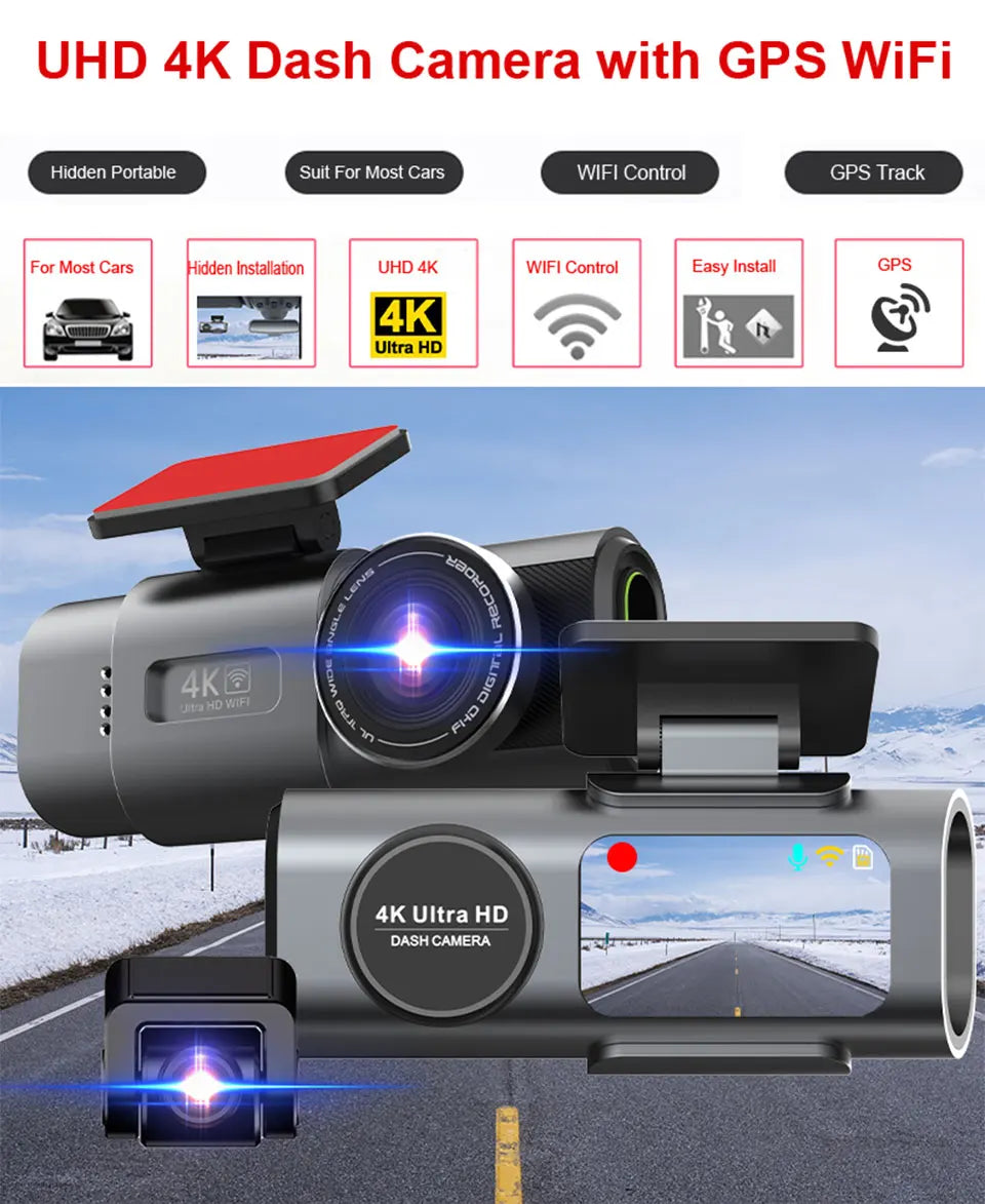🚗 Dash Cam 4K UHD Car Camera DVR 🌙 Night Vision | 📶 Built-in Wi-Fi | 🎥 Dual Lens Support | 📍 GPS | 🅿️ 24H Parking Monitoring