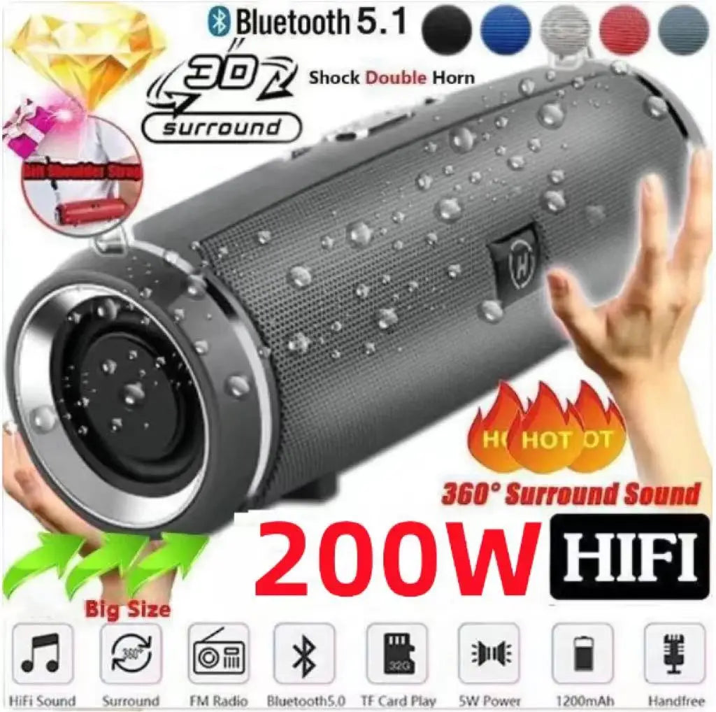 IPX7 Waterproof Bluetooth Speaker – 200W Portable HiFi Stereo with Subwoofer, FM, and TF Card Playback
