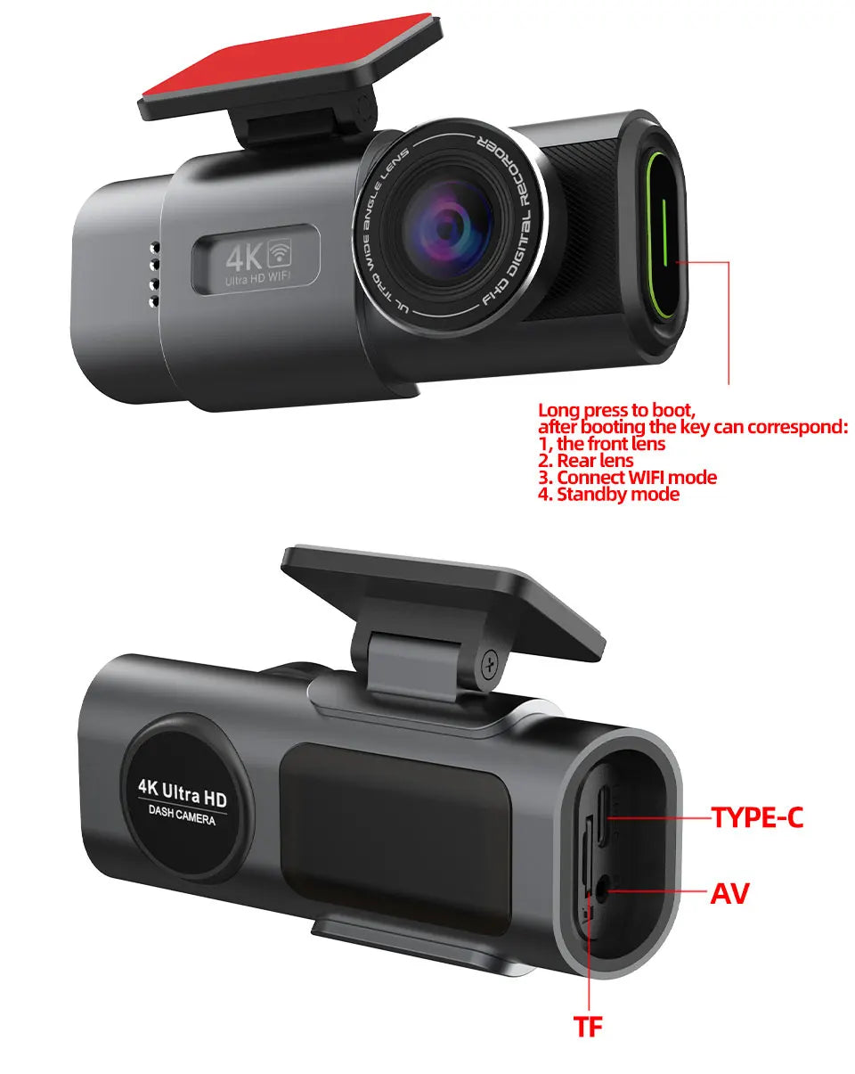 🚗 Dash Cam 4K UHD Car Camera DVR 🌙 Night Vision | 📶 Built-in Wi-Fi | 🎥 Dual Lens Support | 📍 GPS | 🅿️ 24H Parking Monitoring