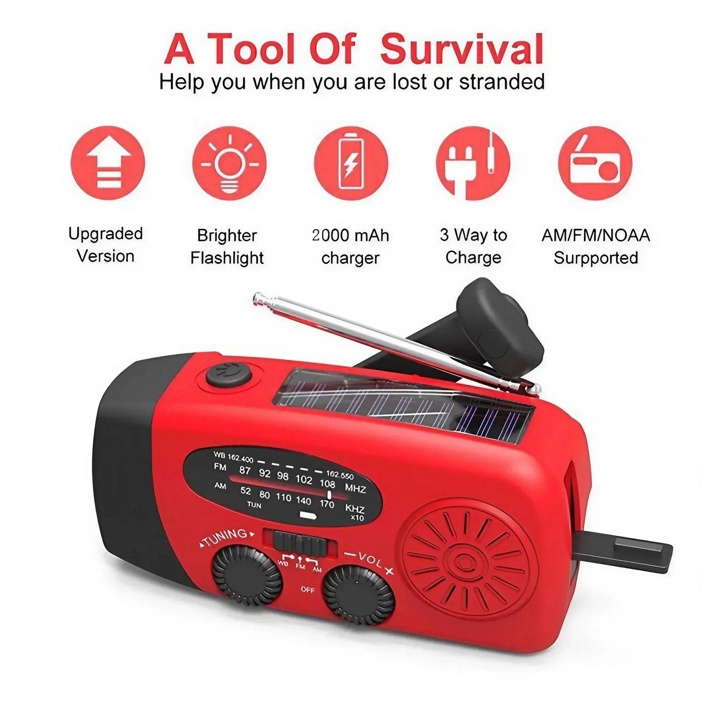 Survival Kit - STONEGO 2000mAh Emergency Weather Radio – Portable AM/FM Radio with Solar, Hand Crank & USB Charging, Power Bank & Flashlight