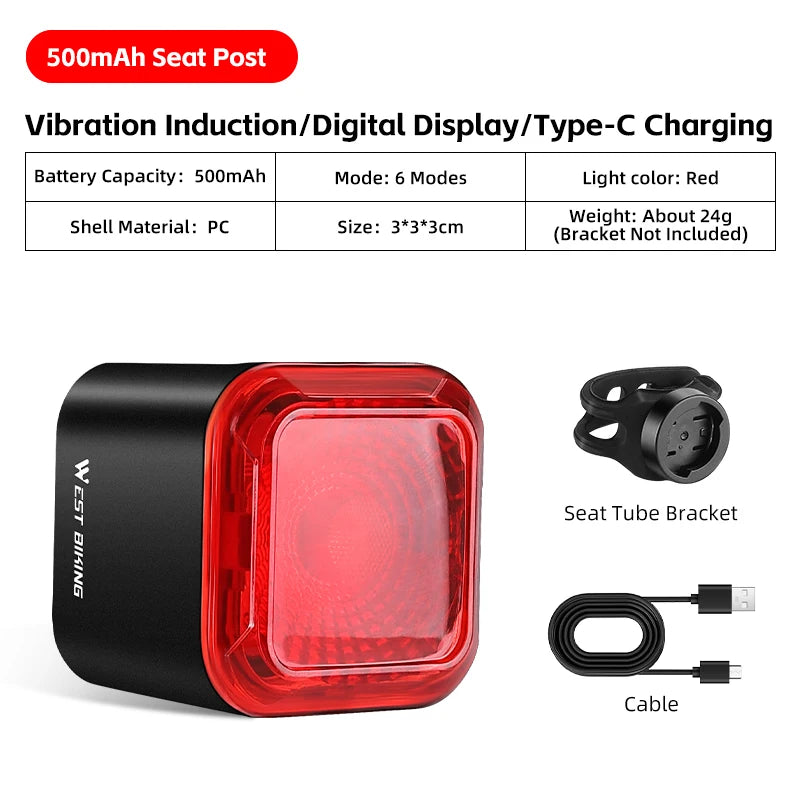 WEST BIKING Bicycle Rear Light 🚴♂️ Brake Sensing ⚡ Digital Power Display 🔋 Auto Start/Stop ⏯️ Long Endurance 🔥 Taillight Cycling Accessories