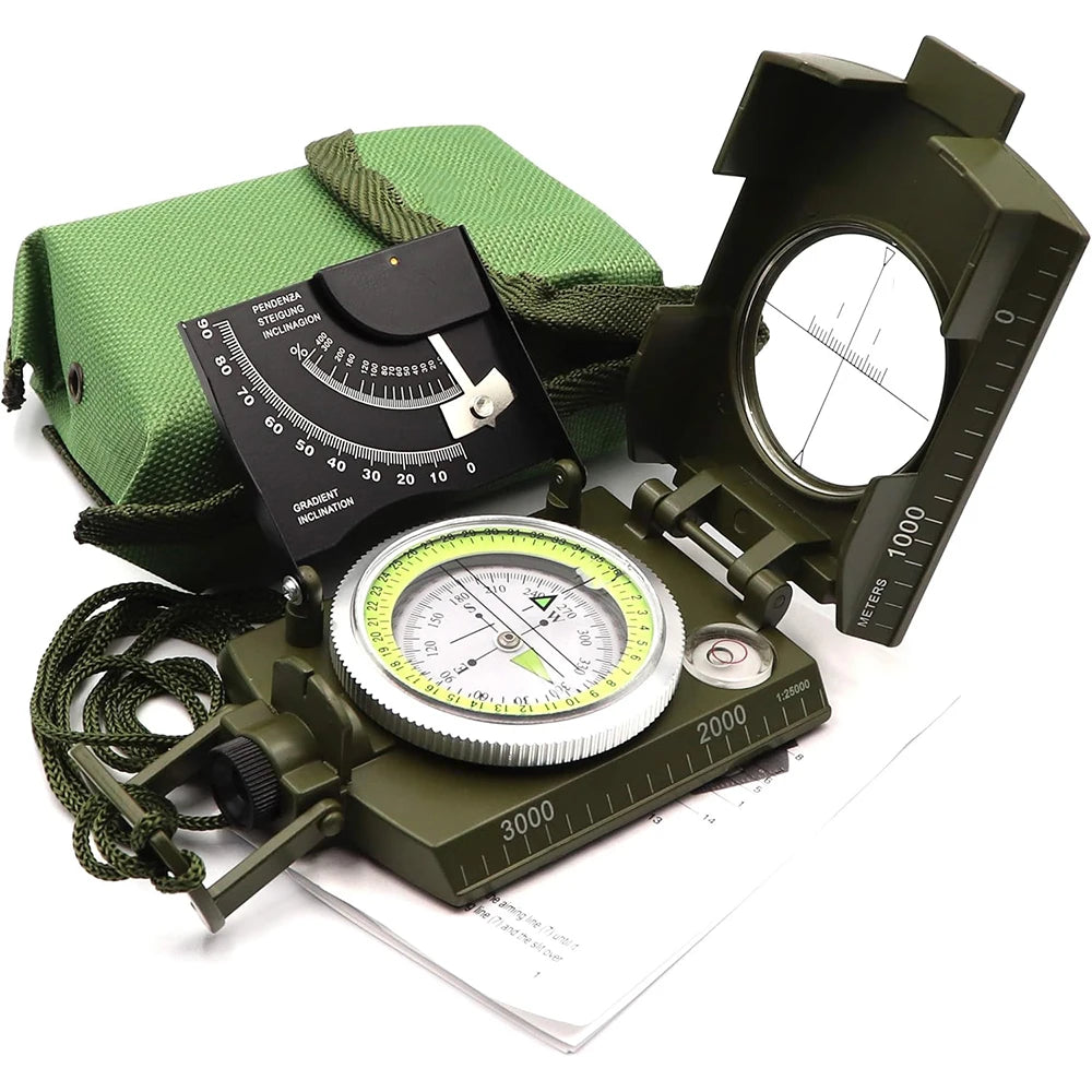 Survival Kit - Multifunctional High-Precision Military Compass – Waterproof Metal Outdoor Survival & Camping Compass with Fluorescent Dial and Geological Features