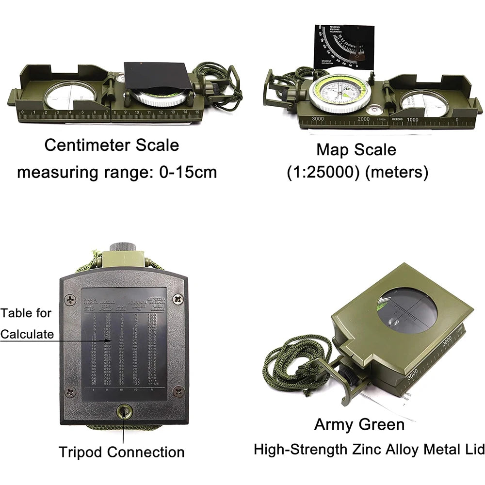 Survival Kit - Multifunctional High-Precision Military Compass – Waterproof Metal Outdoor Survival & Camping Compass with Fluorescent Dial and Geological Features