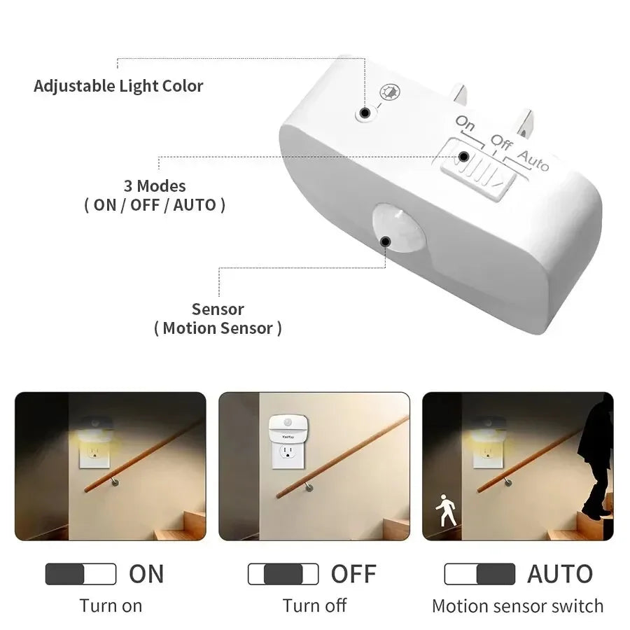 💡 LED Motion Sensor Night Light – EU/US Plug | Dimmable Wall Lamp for Bedroom, Hallway, Kitchen & Kids Room