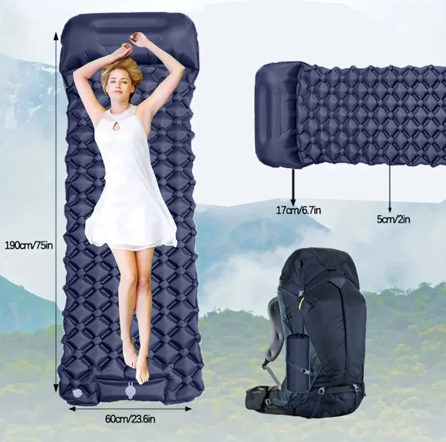 🏕️ Outdoor Camping Inflatable Mattress Sleeping Pad 💨 Ultralight Air Mat with Built-in Inflator Pump & Pillow — Perfect for Hiking & Travel