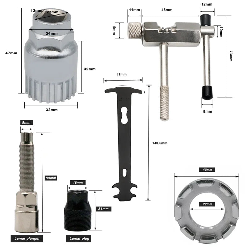 🔧 Bicycle Repair Tool Set – Chain Breaker, Crank Puller, Chain Measuring Ruler & Flywheel Remover for MTB & Outdoor Cycling
