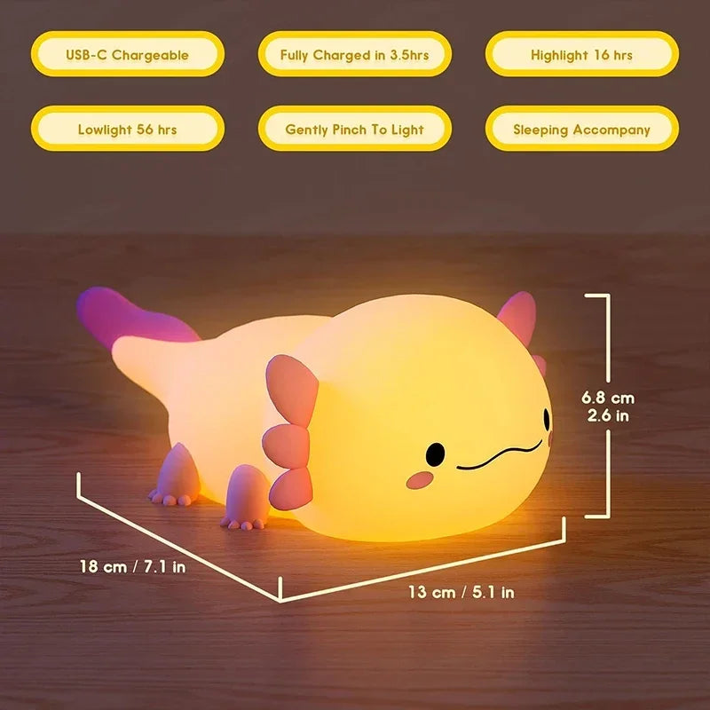 🐟✨ Cute Axolotl Night Light – Soft Silicone Nursery Lamp | Touch Control | USB Rechargeable | Baby & Kids Sleep Light
