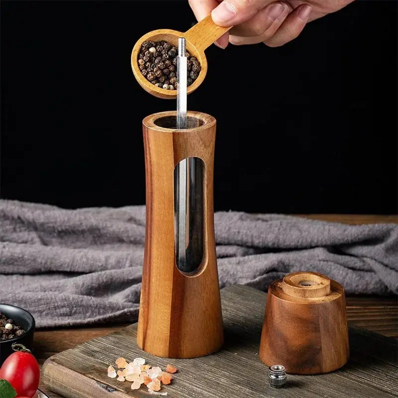 🧂 8-Inch Wooden Salt & Pepper Grinder Set with Base – Manual Mills with Ceramic Core & Transparent Window | Kitchen Spice Shakers