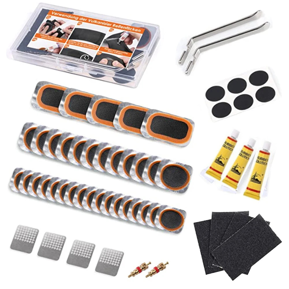 🚴♂️🔧 Bike Tire Tube Repair Kit – Rubber Patches, Glue/No-Glue Options & Tire Levers
