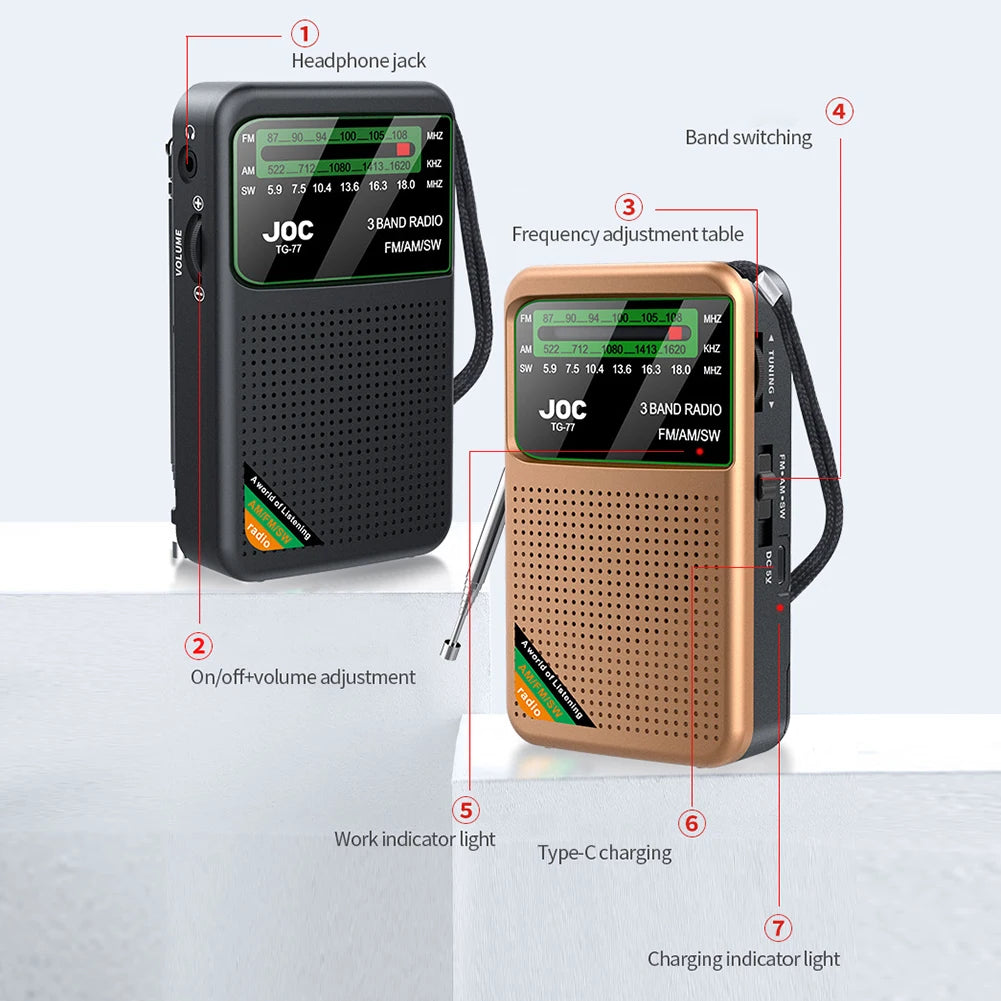 Portable FM AM SW Radio – Rechargeable via Type-C, Built-in Speaker, Pointer Tuning, HD Screen, Ideal for Elderly