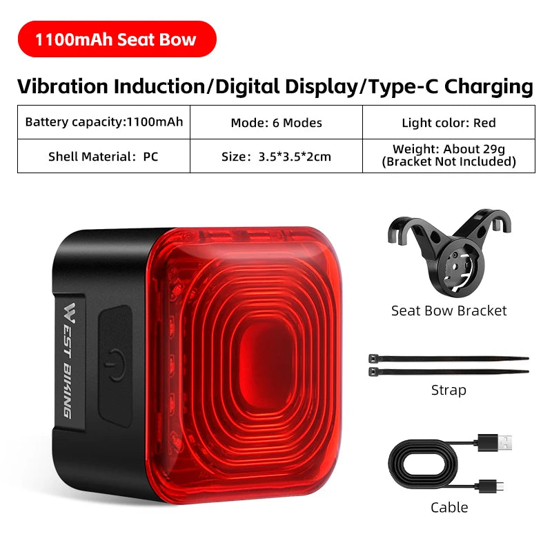 WEST BIKING Bicycle Rear Light 🚴♂️ Brake Sensing ⚡ Digital Power Display 🔋 Auto Start/Stop ⏯️ Long Endurance 🔥 Taillight Cycling Accessories