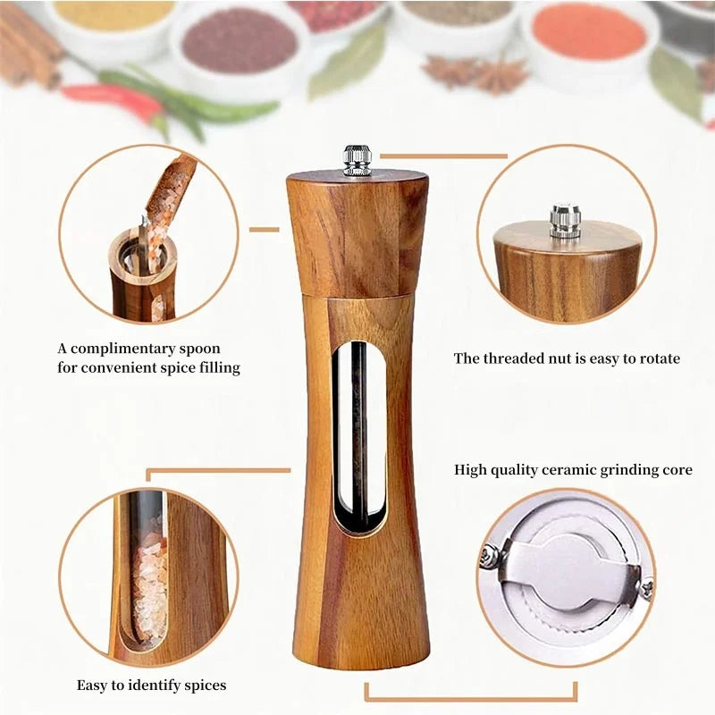🧂 8-Inch Wooden Salt & Pepper Grinder Set with Base – Manual Mills with Ceramic Core & Transparent Window | Kitchen Spice Shakers