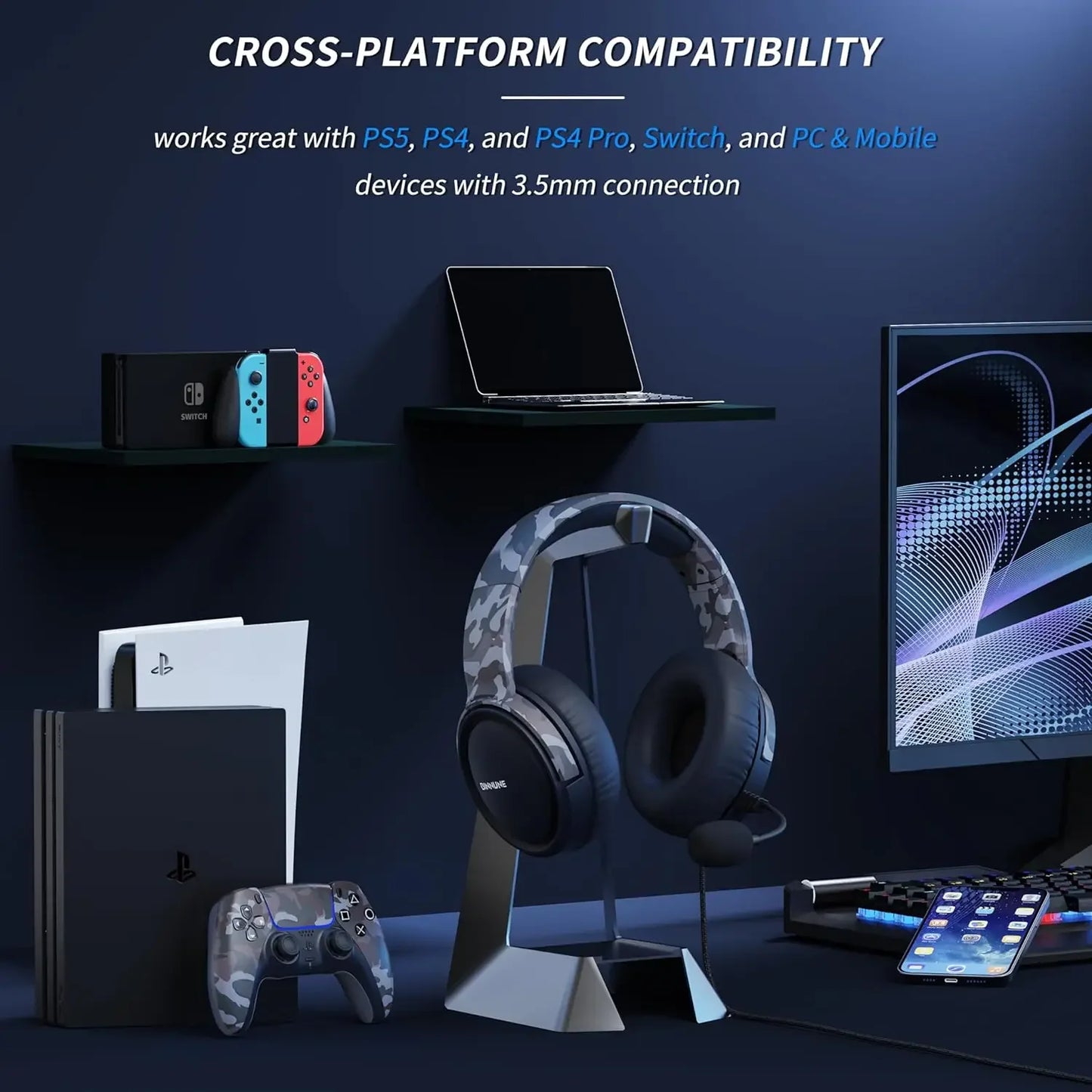 🎧 BINNUNE Wired Over-Ear Gaming Headset with Microphone for PC, PS5, PS4, Xbox One & Switch