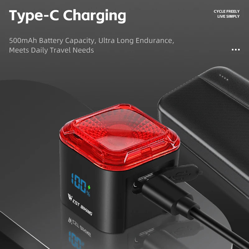 WEST BIKING Bicycle Rear Light 🚴♂️ Brake Sensing ⚡ Digital Power Display 🔋 Auto Start/Stop ⏯️ Long Endurance 🔥 Taillight Cycling Accessories