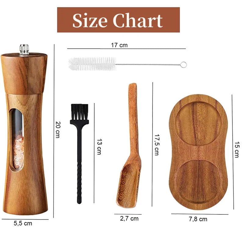 🧂 8-Inch Wooden Salt & Pepper Grinder Set with Base – Manual Mills with Ceramic Core & Transparent Window | Kitchen Spice Shakers
