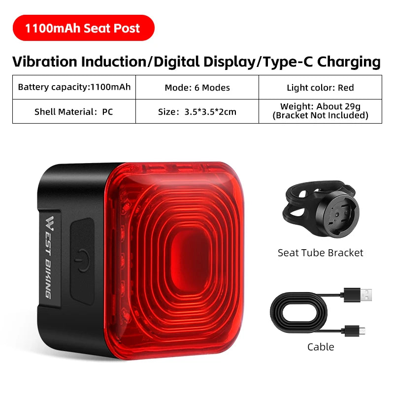 WEST BIKING Bicycle Rear Light 🚴♂️ Brake Sensing ⚡ Digital Power Display 🔋 Auto Start/Stop ⏯️ Long Endurance 🔥 Taillight Cycling Accessories