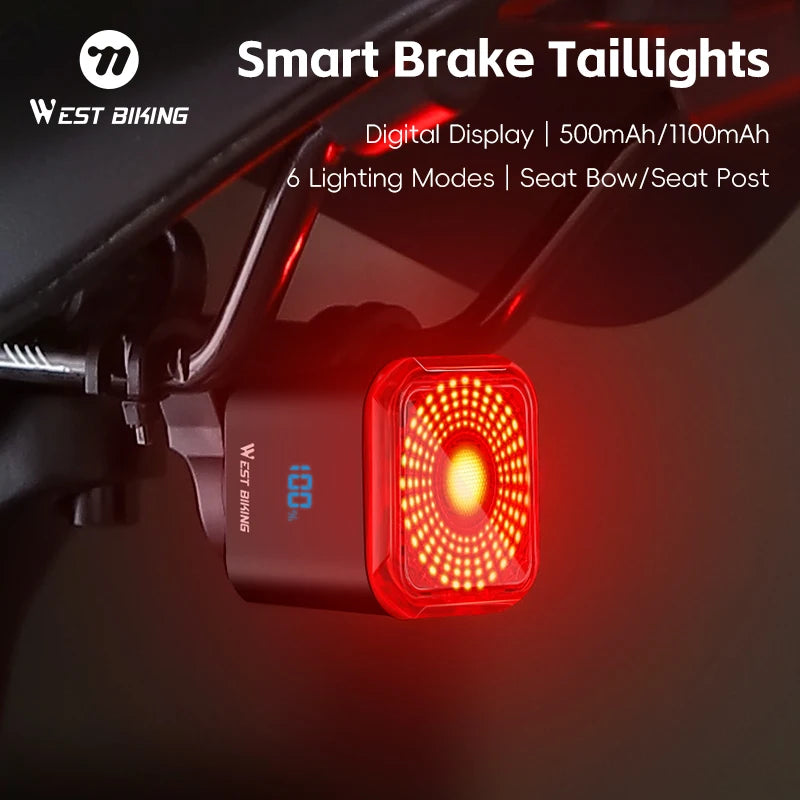 WEST BIKING Bicycle Rear Light 🚴♂️ Brake Sensing ⚡ Digital Power Display 🔋 Auto Start/Stop ⏯️ Long Endurance 🔥 Taillight Cycling Accessories