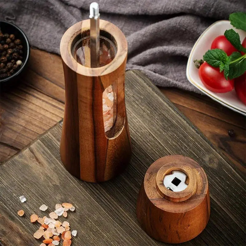 🧂 8-Inch Wooden Salt & Pepper Grinder Set with Base – Manual Mills with Ceramic Core & Transparent Window | Kitchen Spice Shakers