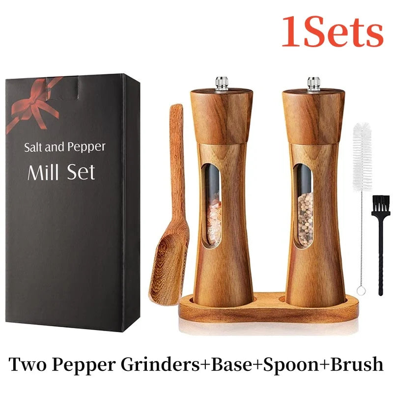 🧂 8-Inch Wooden Salt & Pepper Grinder Set with Base – Manual Mills with Ceramic Core & Transparent Window | Kitchen Spice Shakers
