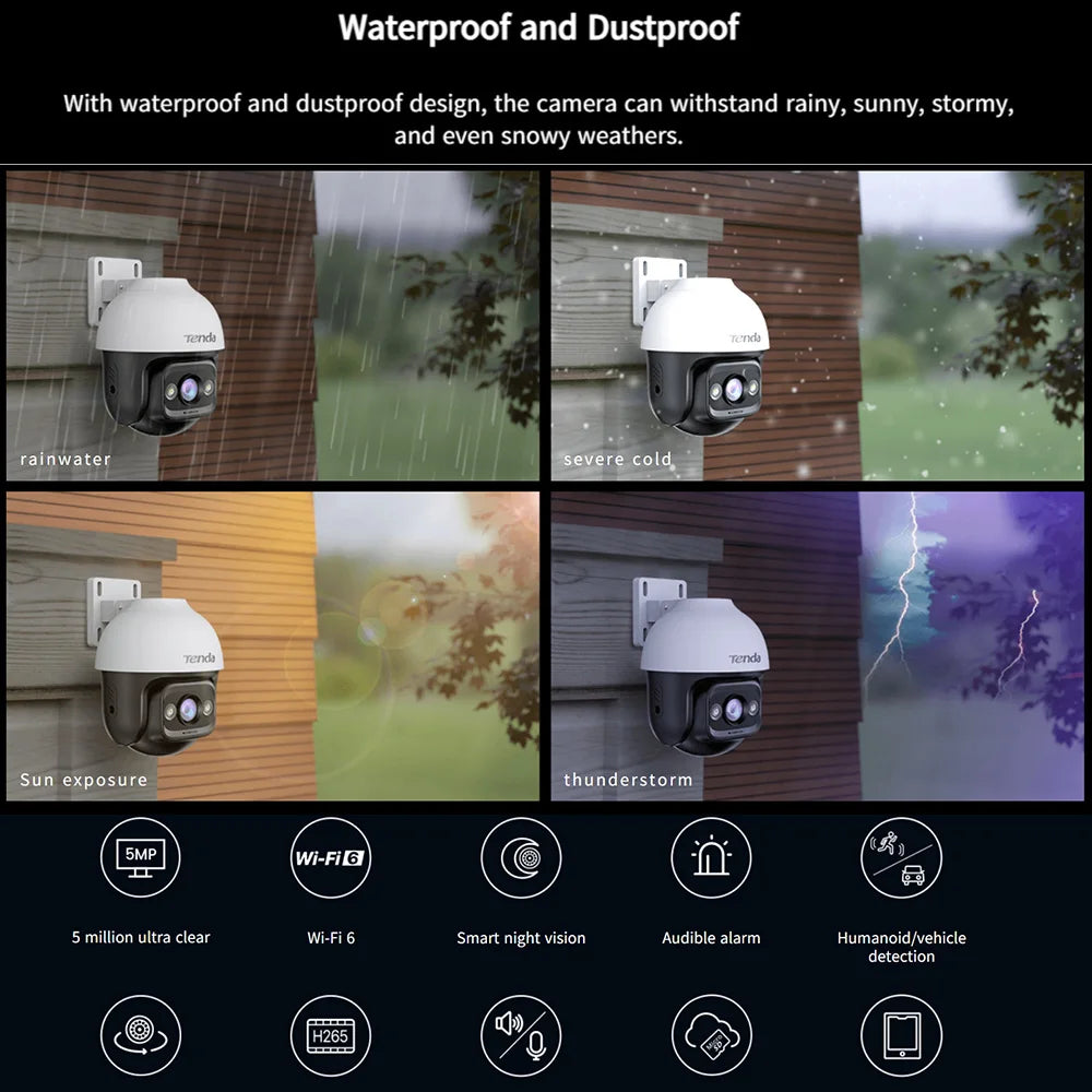 🎥 Tenda 5MP Outdoor WiFi‑6 Security Camera — 360° Pan/Tilt, Color Night Vision, Patrol Mode, AI Human & Vehicle Detection