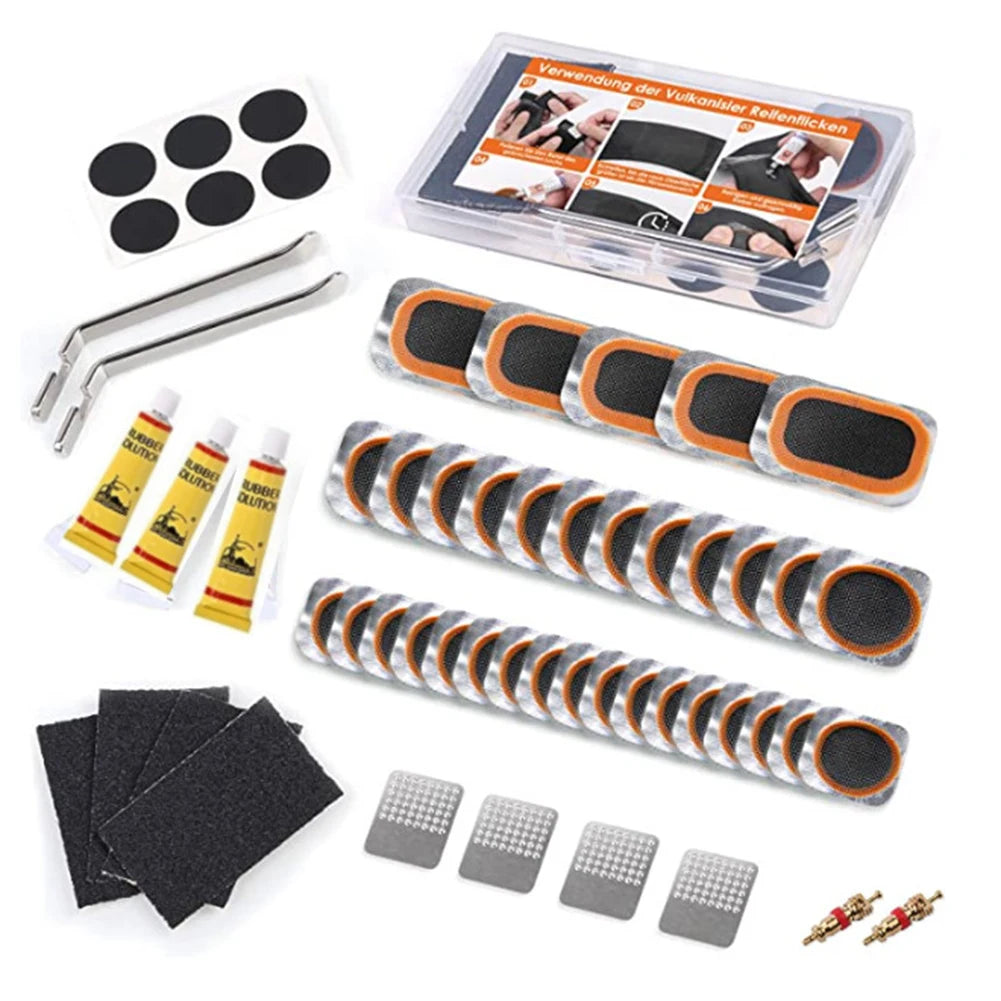 🚴♂️🔧 Bike Tire Tube Repair Kit – Rubber Patches, Glue/No-Glue Options & Tire Levers