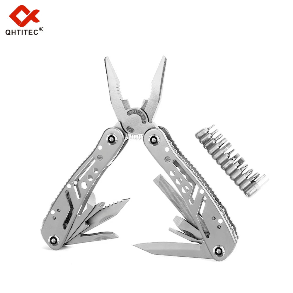 Survival Kit - 24-in-1 Stainless Steel Multitool by QHTITEC – Folding Pliers, Knife, Screwdrivers, Bits, and Sheath – Compact Survival Tool for Camping, DIY, Emergency & Outdoor Use