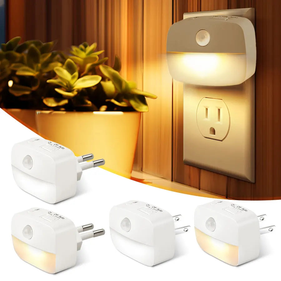 💡 LED Motion Sensor Night Light – EU/US Plug | Dimmable Wall Lamp for Bedroom, Hallway, Kitchen & Kids Room
