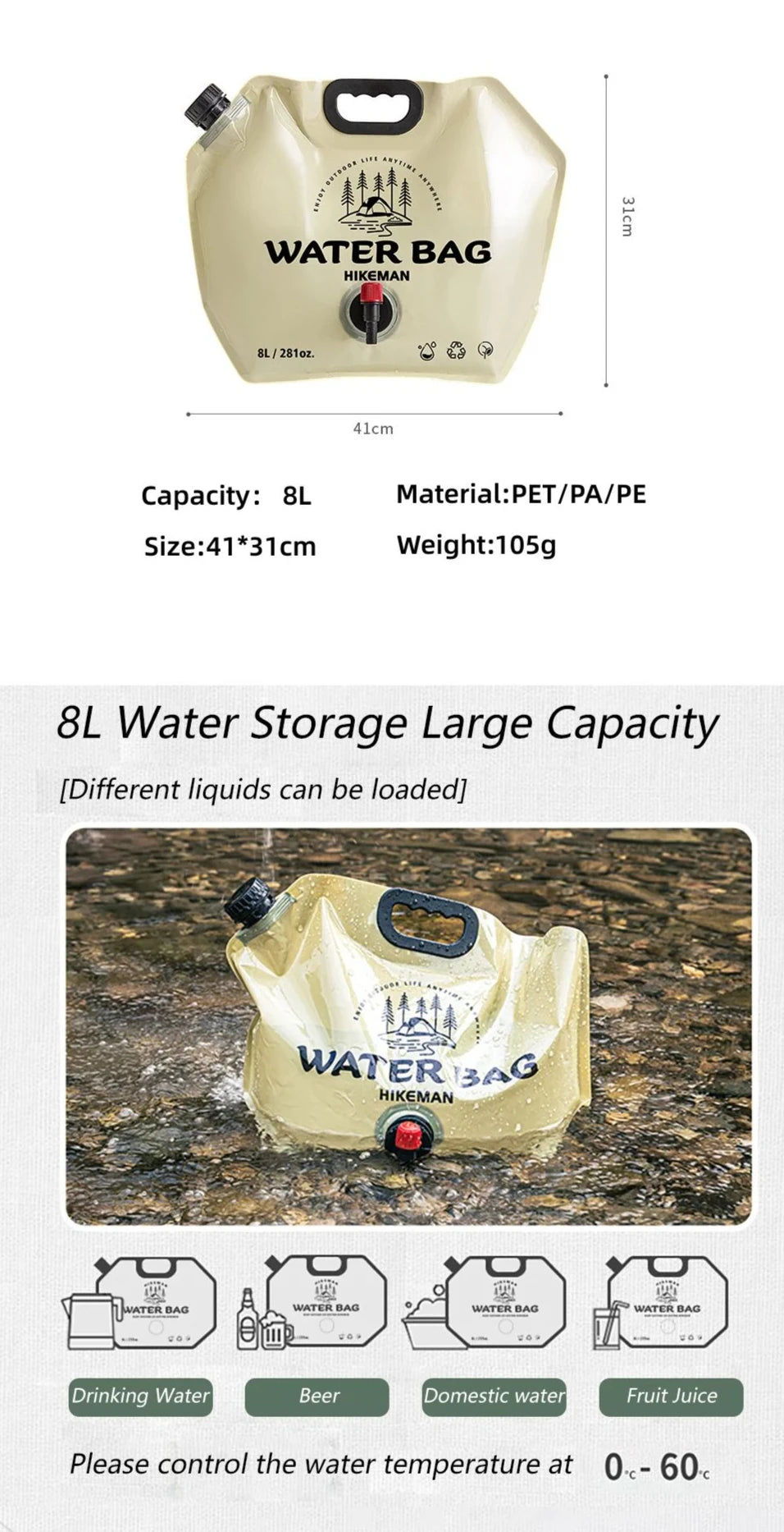 💧Survival Kit - 8L Portable Foldable Water Storage Bag – Outdoor Large Capacity Food-Grade Water Carrier for Camping, Hiking & Car Use