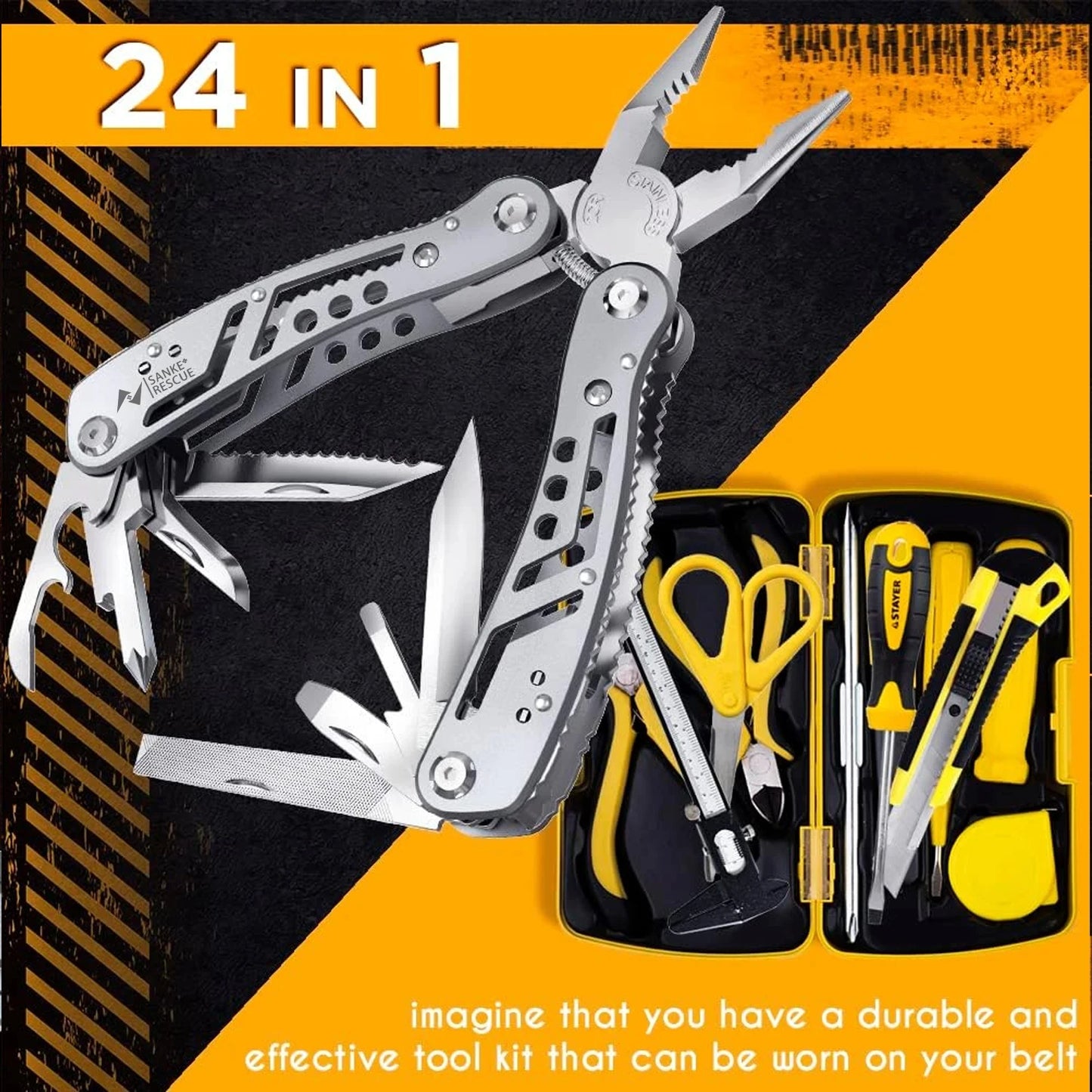 Survival Kit - 24-in-1 Stainless Steel Multitool by QHTITEC – Folding Pliers, Knife, Screwdrivers, Bits, and Sheath – Compact Survival Tool for Camping, DIY, Emergency & Outdoor Use