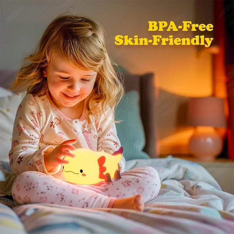 🐟✨ Cute Axolotl Night Light – Soft Silicone Nursery Lamp | Touch Control | USB Rechargeable | Baby & Kids Sleep Light