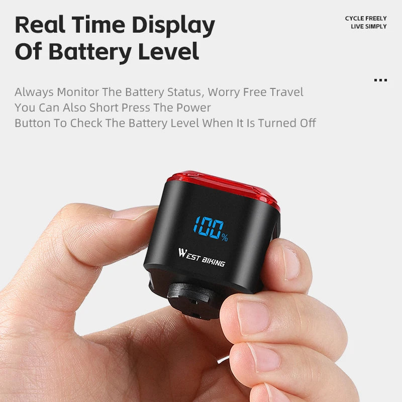 WEST BIKING Bicycle Rear Light 🚴♂️ Brake Sensing ⚡ Digital Power Display 🔋 Auto Start/Stop ⏯️ Long Endurance 🔥 Taillight Cycling Accessories