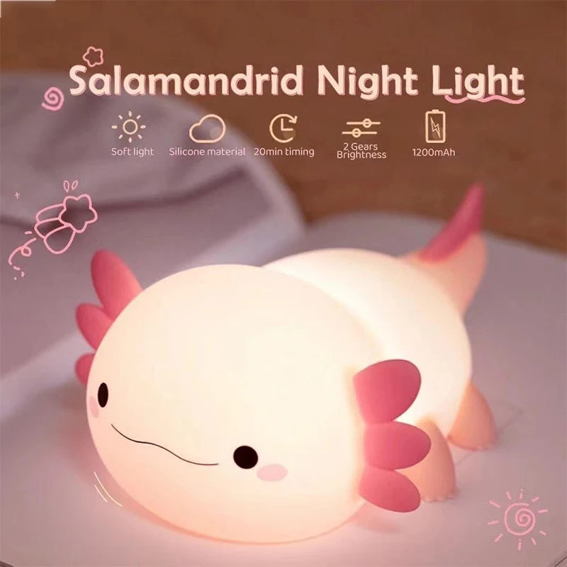 🐟✨ Cute Axolotl Night Light – Soft Silicone Nursery Lamp | Touch Control | USB Rechargeable | Baby & Kids Sleep Light