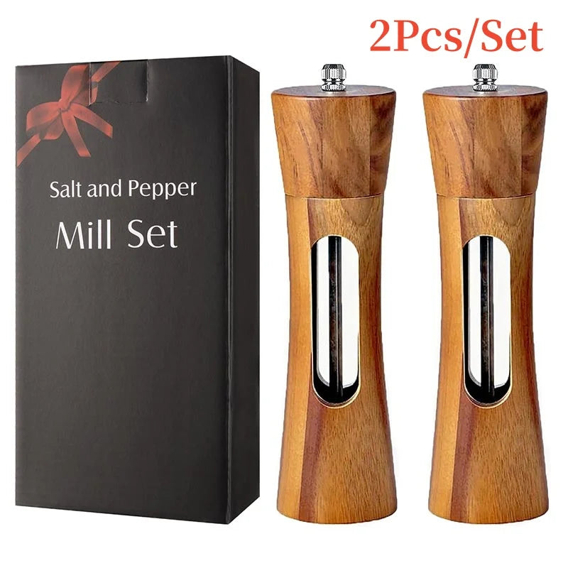 🧂 8-Inch Wooden Salt & Pepper Grinder Set with Base – Manual Mills with Ceramic Core & Transparent Window | Kitchen Spice Shakers