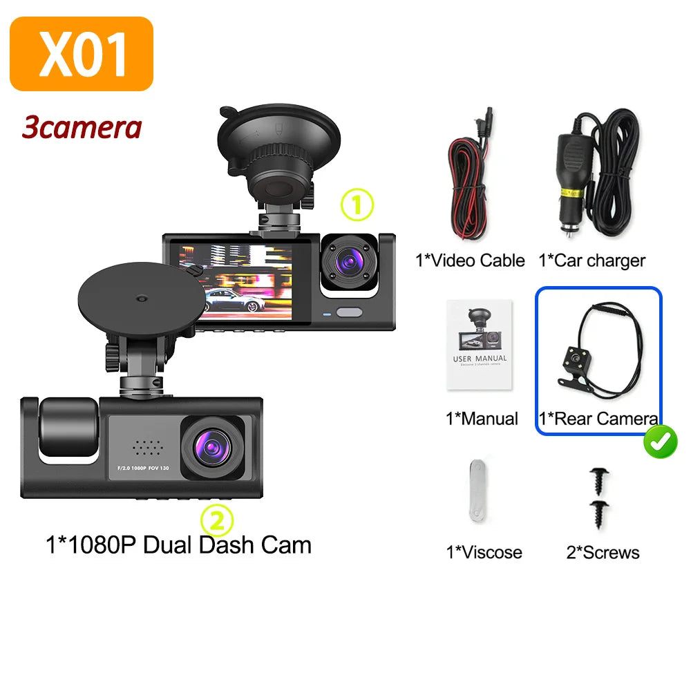 🚗📹 safety - 1080P Triple‑Lens Dash Cam – Front, Rear & Interior Cameras with IR Night Vision