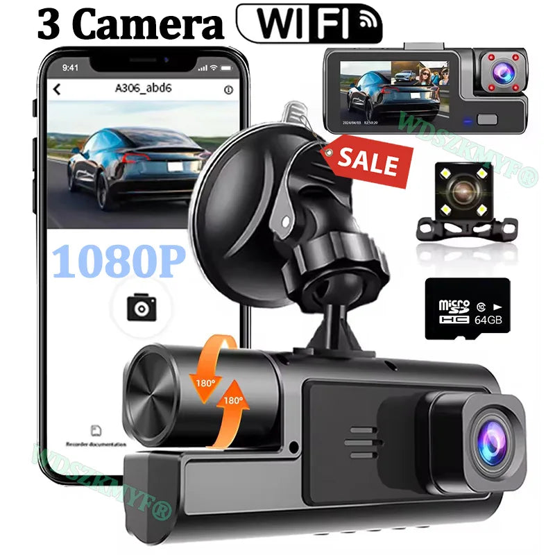 🚗📸 Safety - 3-Camera Dash Cam for Car – Front & Rear 1080P Video Recorder 📡 WiFi Enabled | Night Vision | Dual Lens DVR | Essential Car Accessory