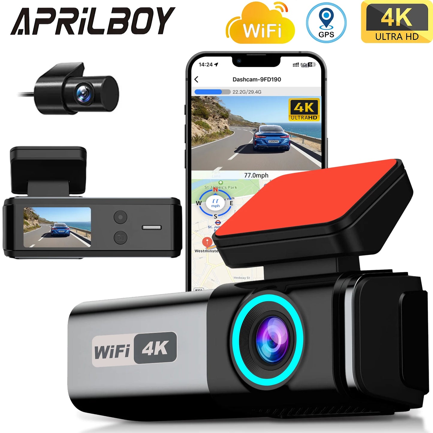 Safety - Aprilboy 4K UHD Dual Lens Dash Cam with WiFi, Night Vision, G-Sensor & 24H Parking Monitor