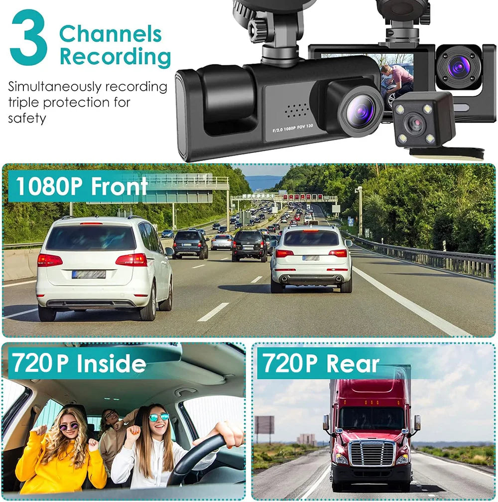 🚗📹 safety - 1080P Triple‑Lens Dash Cam – Front, Rear & Interior Cameras with IR Night Vision