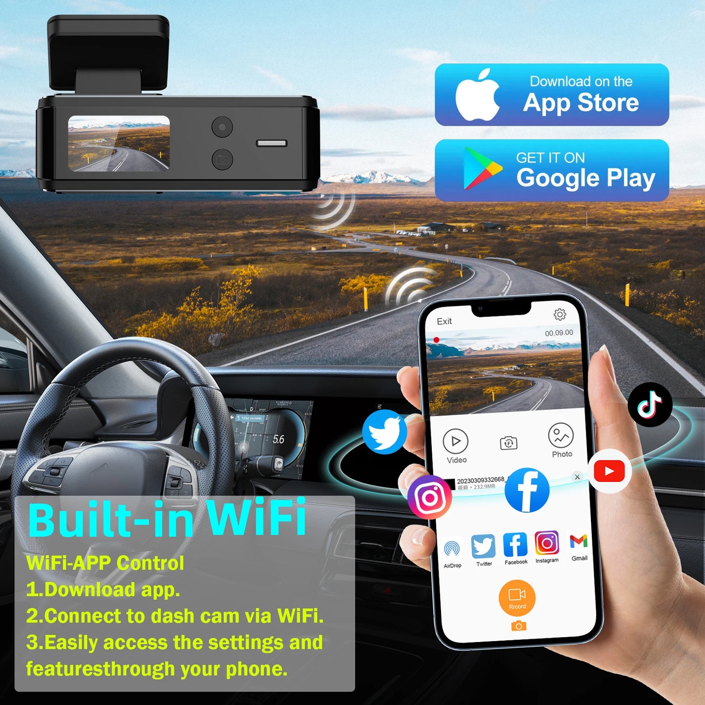 Safety - Aprilboy 4K UHD Dual Lens Dash Cam with WiFi, Night Vision, G-Sensor & 24H Parking Monitor