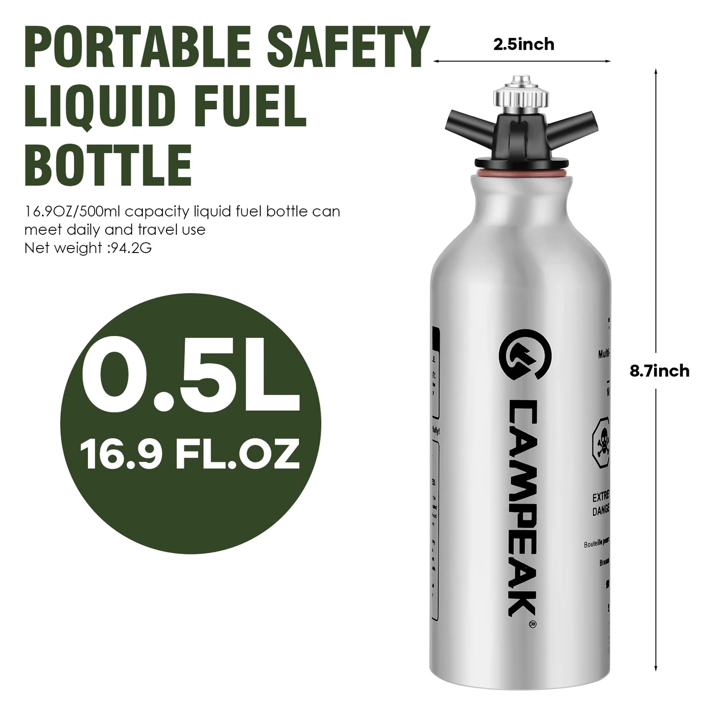 🛢️ CAMPEAK Liquid Fuel Bottle 0.5L / 1L – Outdoor Camping Fuel Container with Safety Valve for Stove & Burner Use