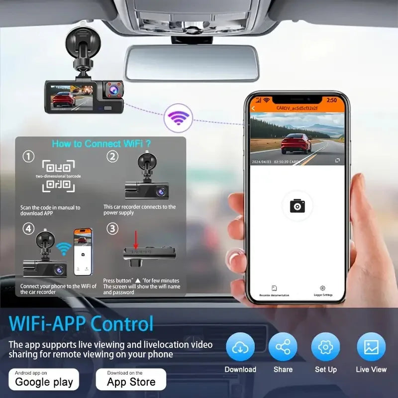 🚗📸 Safety - 3-Camera Dash Cam for Car – Front & Rear 1080P Video Recorder 📡 WiFi Enabled | Night Vision | Dual Lens DVR | Essential Car Accessory
