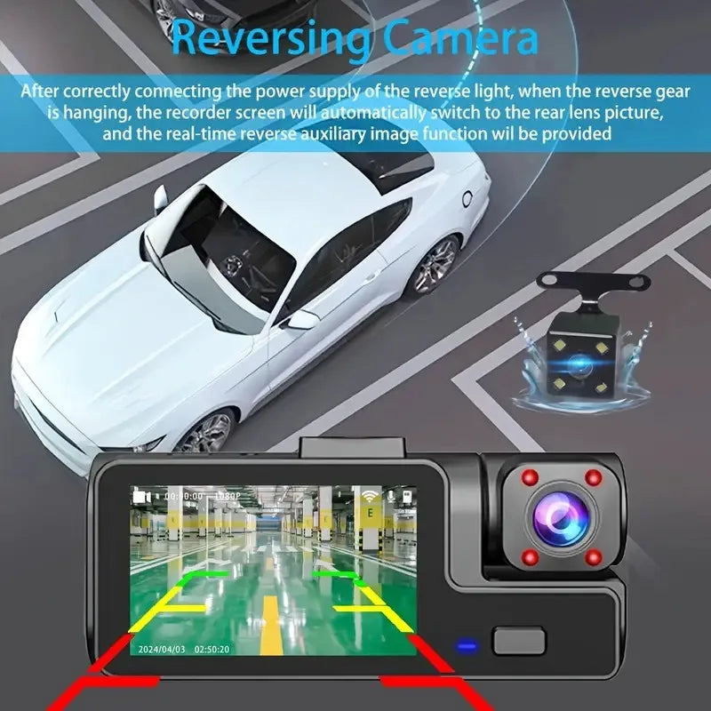 🚗📸 Safety - 3-Camera Dash Cam for Car – Front & Rear 1080P Video Recorder 📡 WiFi Enabled | Night Vision | Dual Lens DVR | Essential Car Accessory