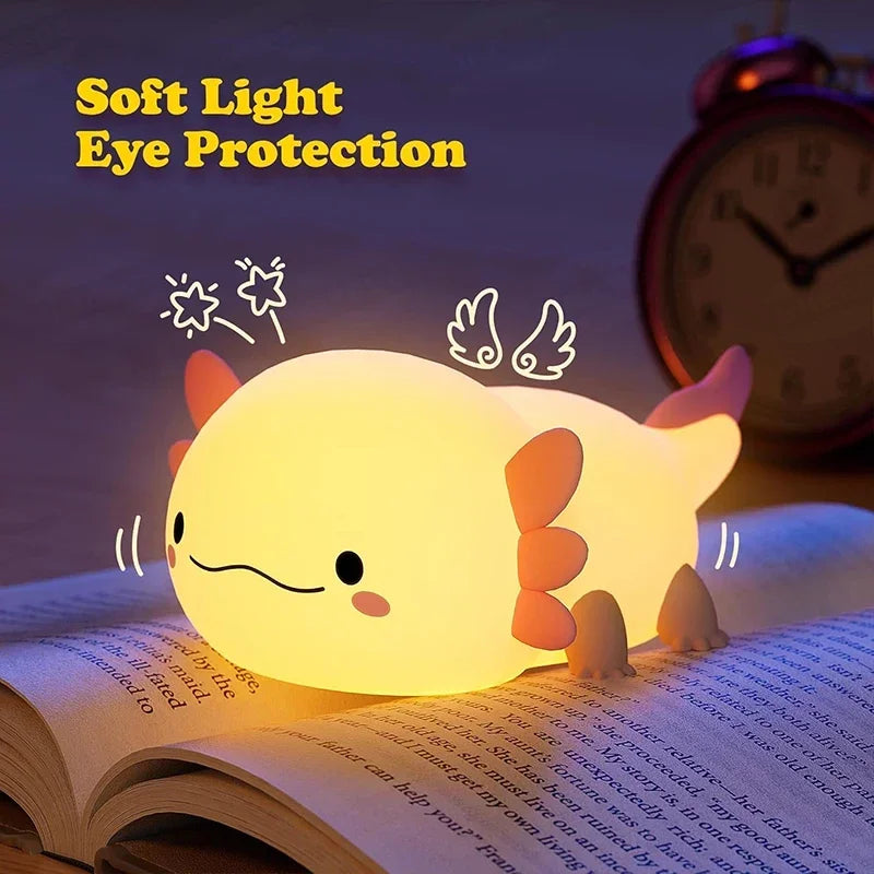 🐟✨ Cute Axolotl Night Light – Soft Silicone Nursery Lamp | Touch Control | USB Rechargeable | Baby & Kids Sleep Light