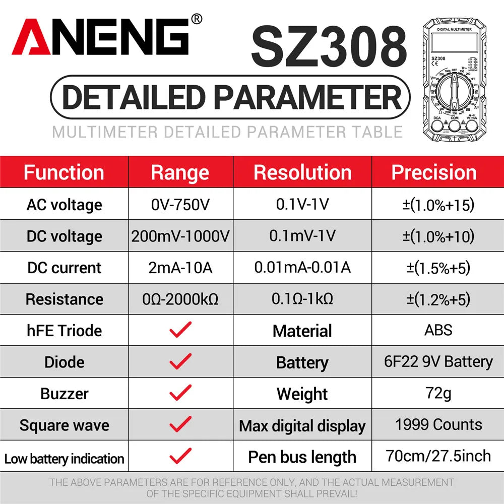 🔧 ANENG SZ308 Digital Multimeter – Square Wave Tester with HFE & Buzzer Accurate Readings • Durable Build • Compact Design