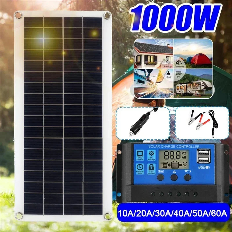 ☀️ 1000W 12V Solar Panel Kit with 60A/100A Controller Portable Solar Cell Charger for Phone, RV, Car, MP3, Tablet – Ideal for Outdoor Power & Battery Charging